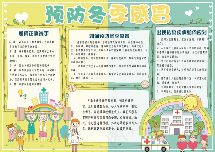 卡通可爱预防冬季感冒小报手抄报模板