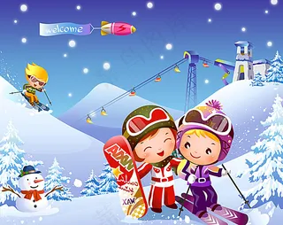 卡通儿童滑雪矢量图图片