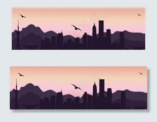 卡通手绘城市剪影banner海报背...