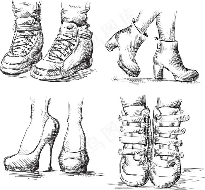 素描手绘各种鞋子插画ai矢量模版下载