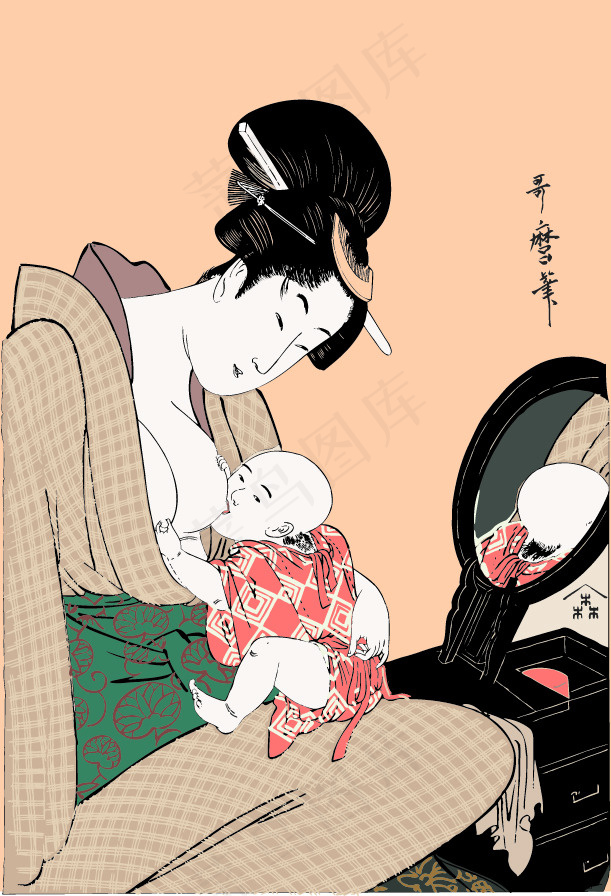 哺乳的东洋妇女ai矢量模版下载