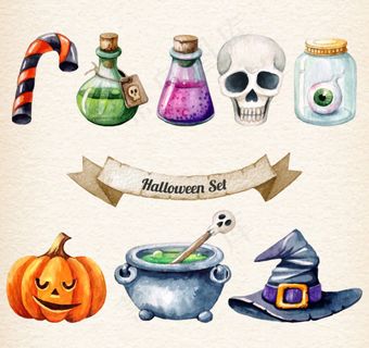 8款创意水彩万圣节元素矢量素材