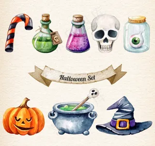 8款创意水彩万圣节元素矢量素材