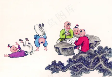 儿童下棋 博弈 传统国画 儿童下棋 博弈 传统国画
