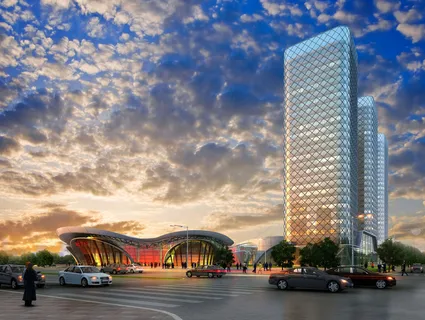 傍晚晚霞映衬下都市场景