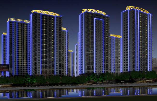 小区楼体夜晚亮化照明效果图设计(3000X1935(DPI:72))psd模版下载