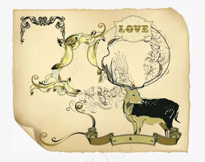 复古线稿鹿图案—矢量素材