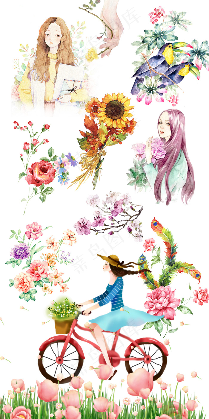 文艺清新简约手绘人物花蕊素材(1100X2200(DPI:72))psd模版下载