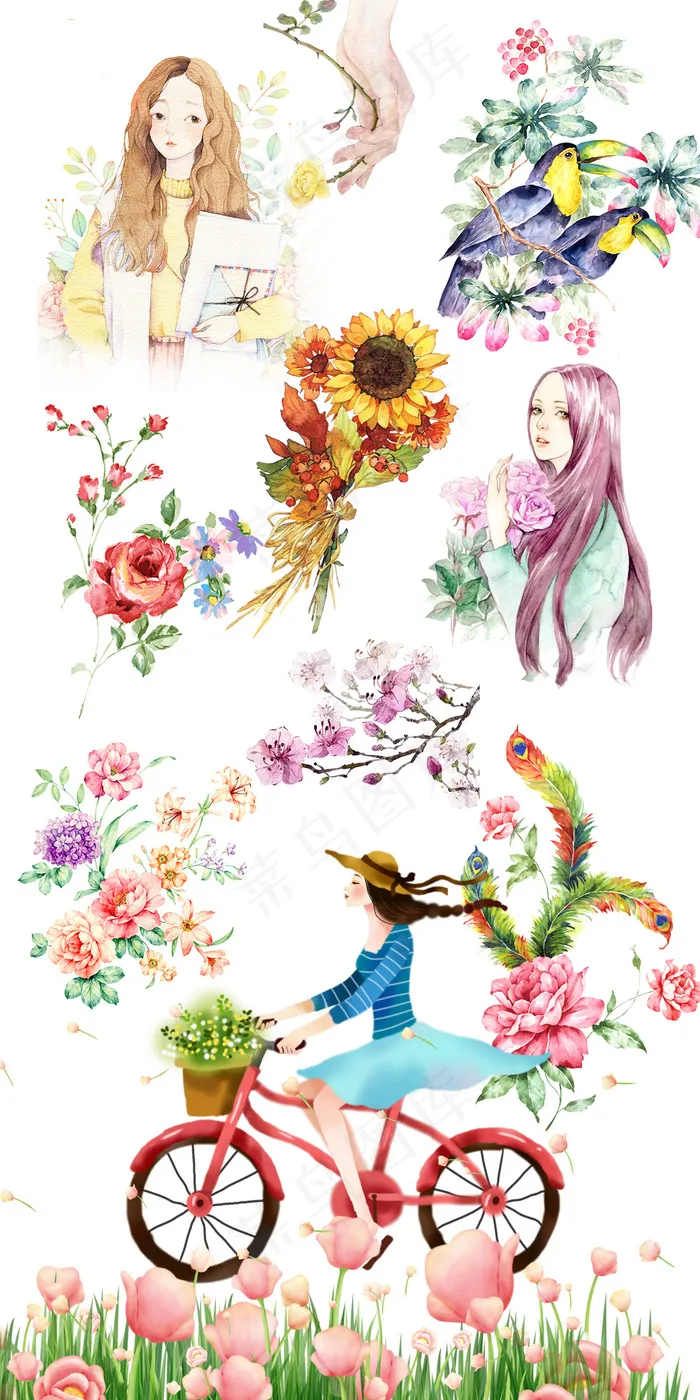 文艺清新简约手绘人物花蕊素材(1100X2200(DPI:72))psd模版下载