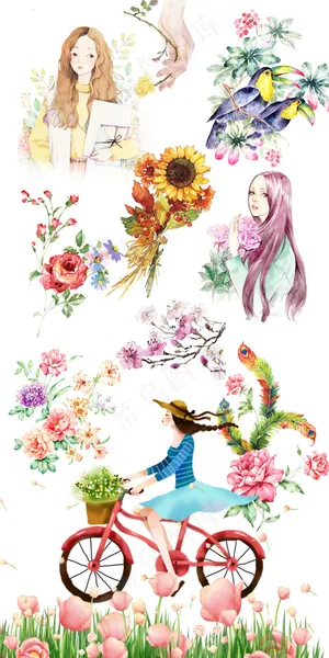 文艺清新简约手绘人物花蕊素材