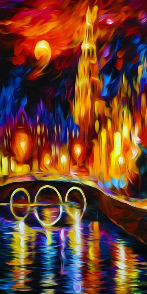 圆月钟楼石拱桥欧式油画风景抽象现代...