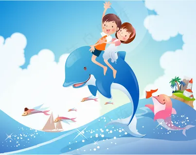 卡通人物坐海豚玩耍矢量图 卡通人物坐海豚玩耍矢量图