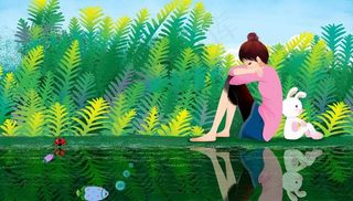 女孩与池塘风景插画图片