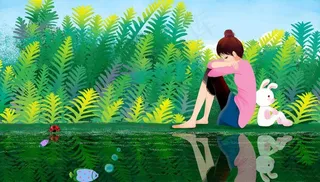 女孩与池塘风景插画图片