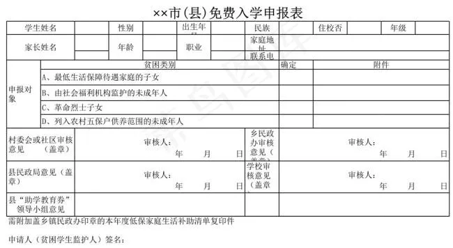 市(县)免费入学申报表