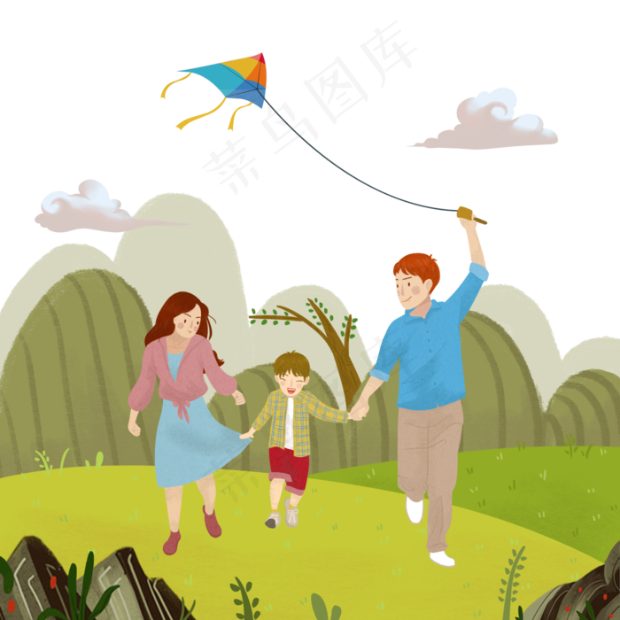 郊游春日旅行放风筝一家三口PNG