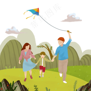 郊游春日旅行放风筝一家三口PNG