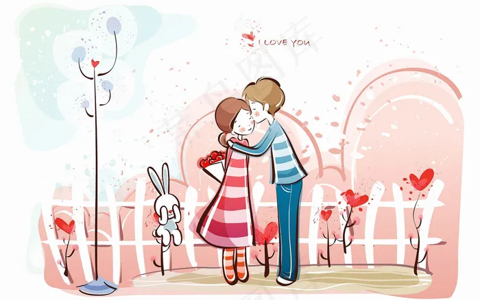 约会亲吻悄悄话手绘热恋男女新房家居...