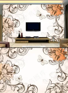 手绘欧式复古花藤电视背景墙