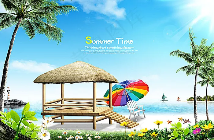 美丽夏日海滩风景(5000X3286(DPI:300))psd模版下载
