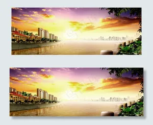 沿江别墅建筑夕阳图片