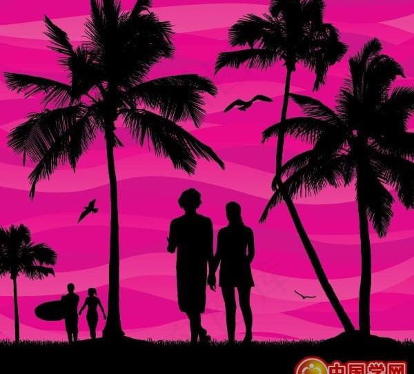 夏日海滩边的浪漫情侣矢量素材ai矢量模版下载