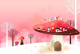 蘑菇小屋童话世界移门图案