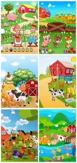 海报素材手绘插画农田风格牛鸡羊动漫...