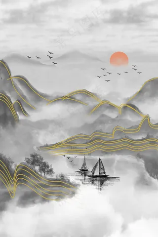 中式镶金山水高端活动海报背景