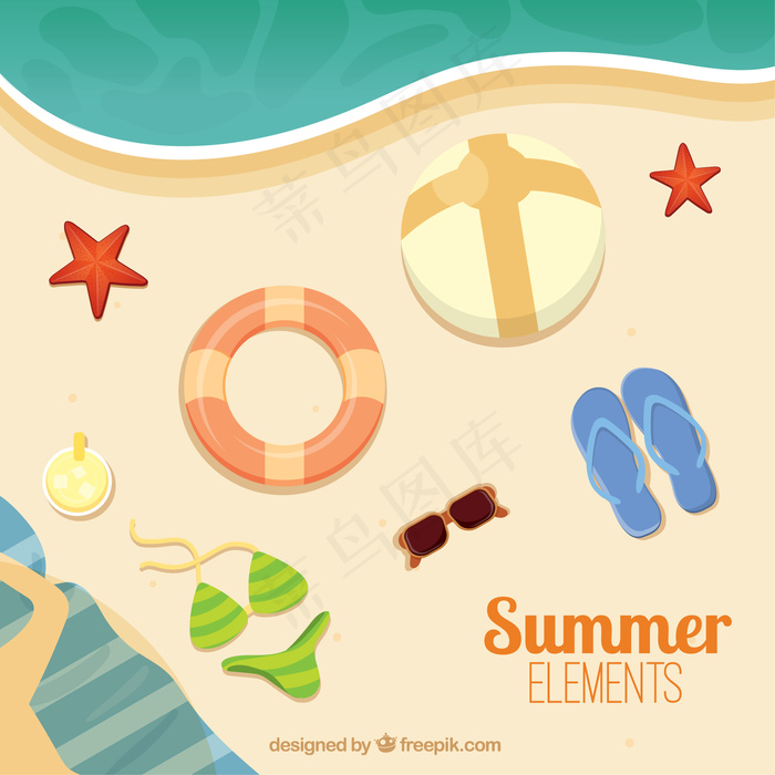 夏季元素在海滩上的顶部视图
