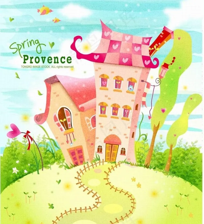 可爱小屋春天背景图片ai矢量模版下载