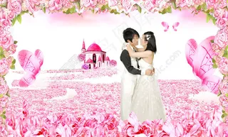 婚纱模板礼堂城堡浪漫花海粉色背景梦幻
