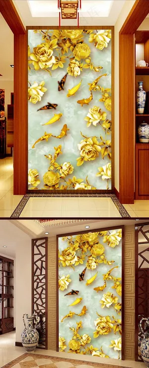 金色玫瑰花九鱼图大理石玄关背景墙