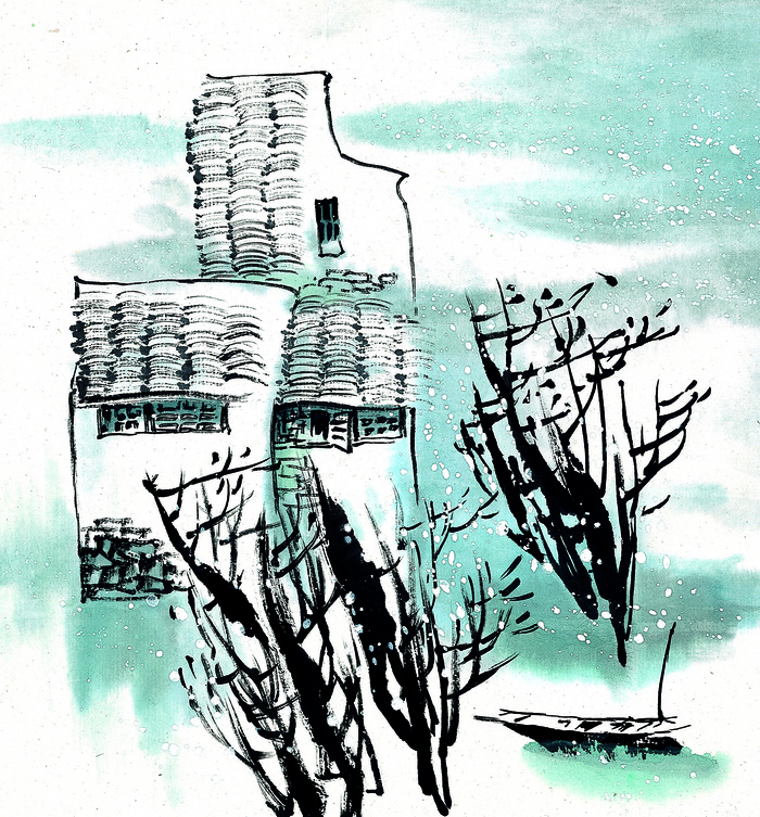 古风冬景山水水墨画