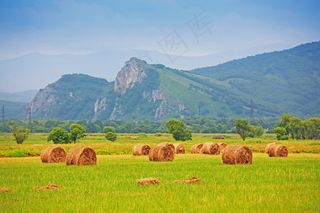 山峰与田园草堆图片