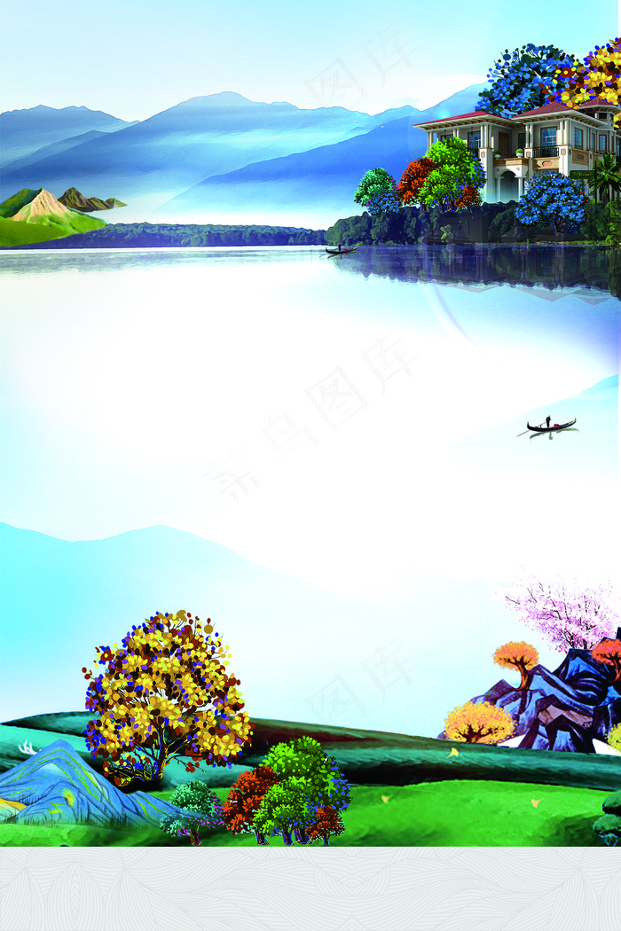 新中式唯美风景手绘插画背景素材