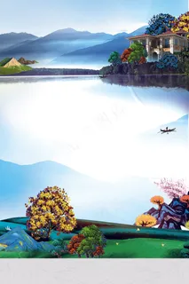 新中式唯美风景手绘插画背景素材 新中式唯美风景手绘插画背景素材