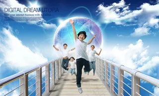 蓝天白云桥梁上开心的一家人PSD分...