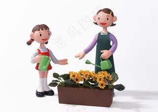 母女浇花图片