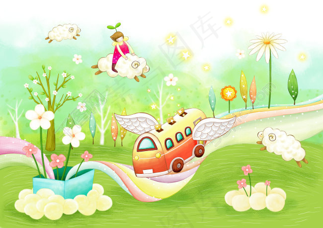 草地上的花朵绵羊和汽车