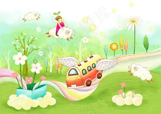 草地上的花朵绵羊和汽车