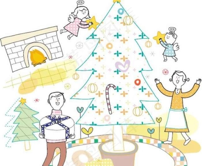 圣诞树和幸福家庭插画