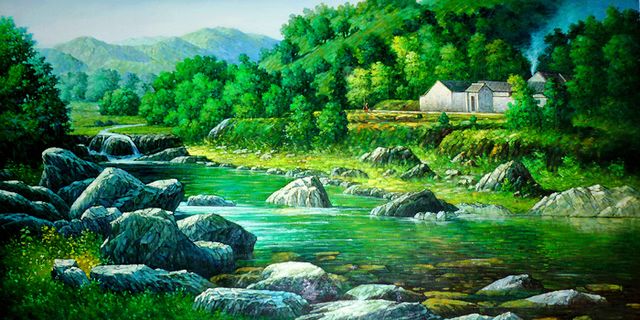 高山流水树木树林小溪石头山峰流水生...