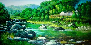 高山流水树木树林小溪石头山峰流水生...