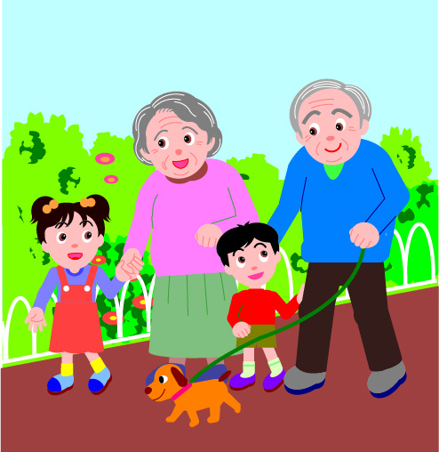 老年人与小孩子遛狗矢量素材eps,ai矢量模版下载