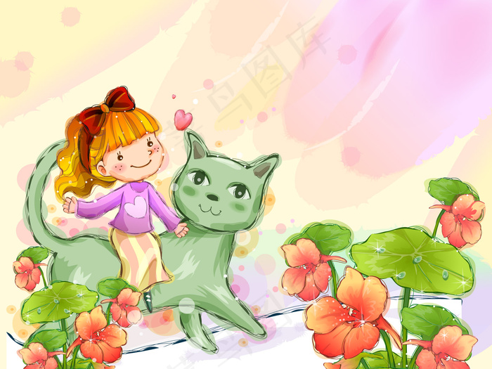 童年卡通插画坐在喵星人背上 的小女...