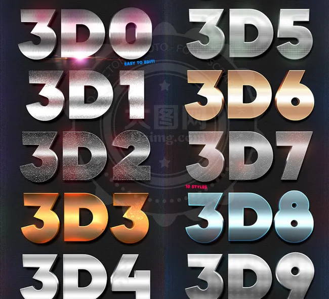 10款银色和金色质感3D立体字PS...(590X3200(DPI:72))psd模版下载