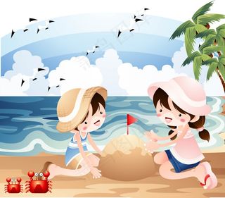 儿童海边堆沙子旅游矢量图素材