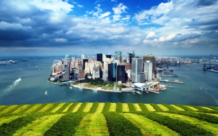 抽象绿地远眺城市远景