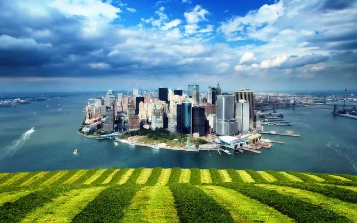 抽象绿地远眺城市远景